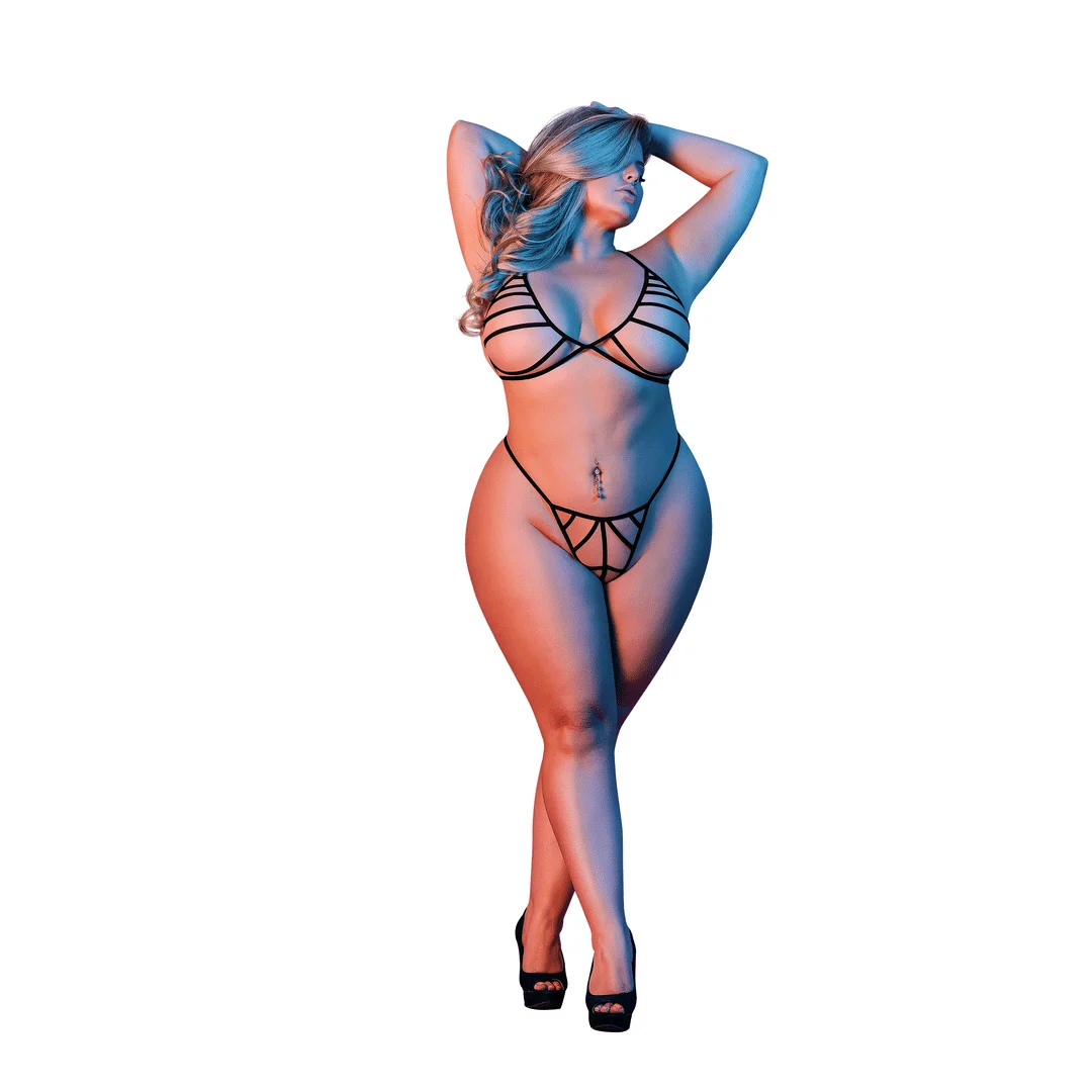 Set nero con reggiseno, perizoma a G e fasce - immagine 2