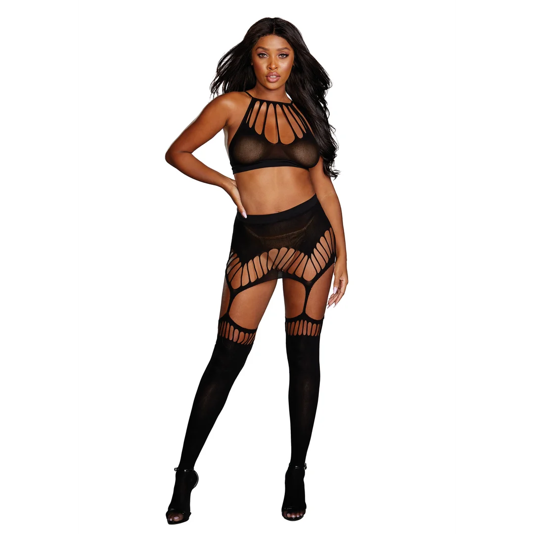 Completo con giarrettiera e bralette seamless a collo alto per un look lingerie – Dreamgirl - immagine 4