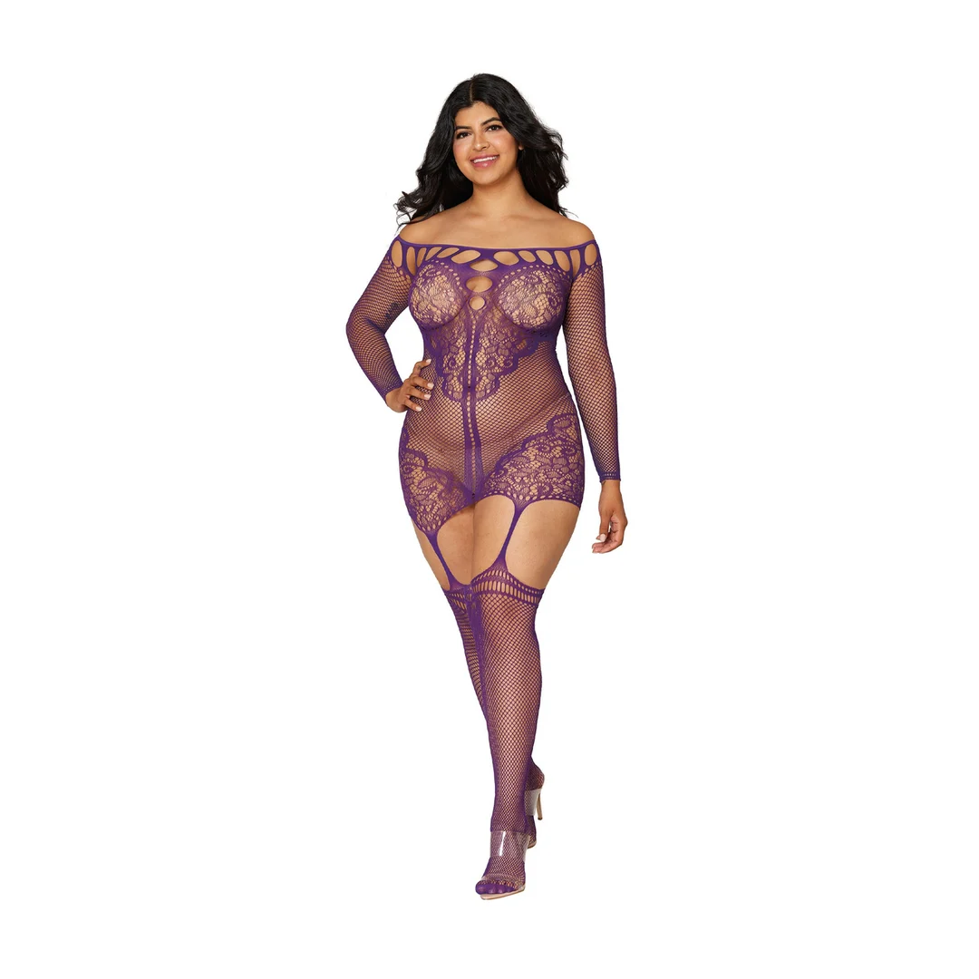 Completo reggicalze a rete con dettagli in pizzo per un look curvy sensuale - Dreamgirl - immagine 2