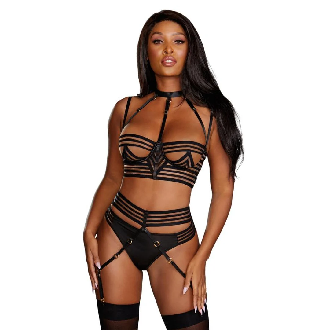 Completo lingerie a righe Dreamgirl con reggicalze - immagine 2