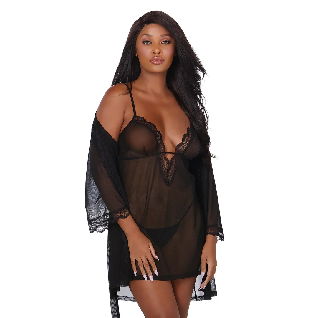 Set Dreamgirl con sottoveste in mesh elasticizzato e vestaglia, S - immagine 1