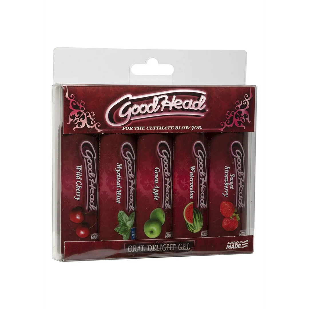 1360-11-BX-2 Lubrificante aromatizzato, gel orale GoodHead per sesso orale, confezione da 5, ciliegia, menta, anguria, mela verde e fragola dolce, 5 x 1 fl oz / 30 ml, Doc Johnson - immagine 1