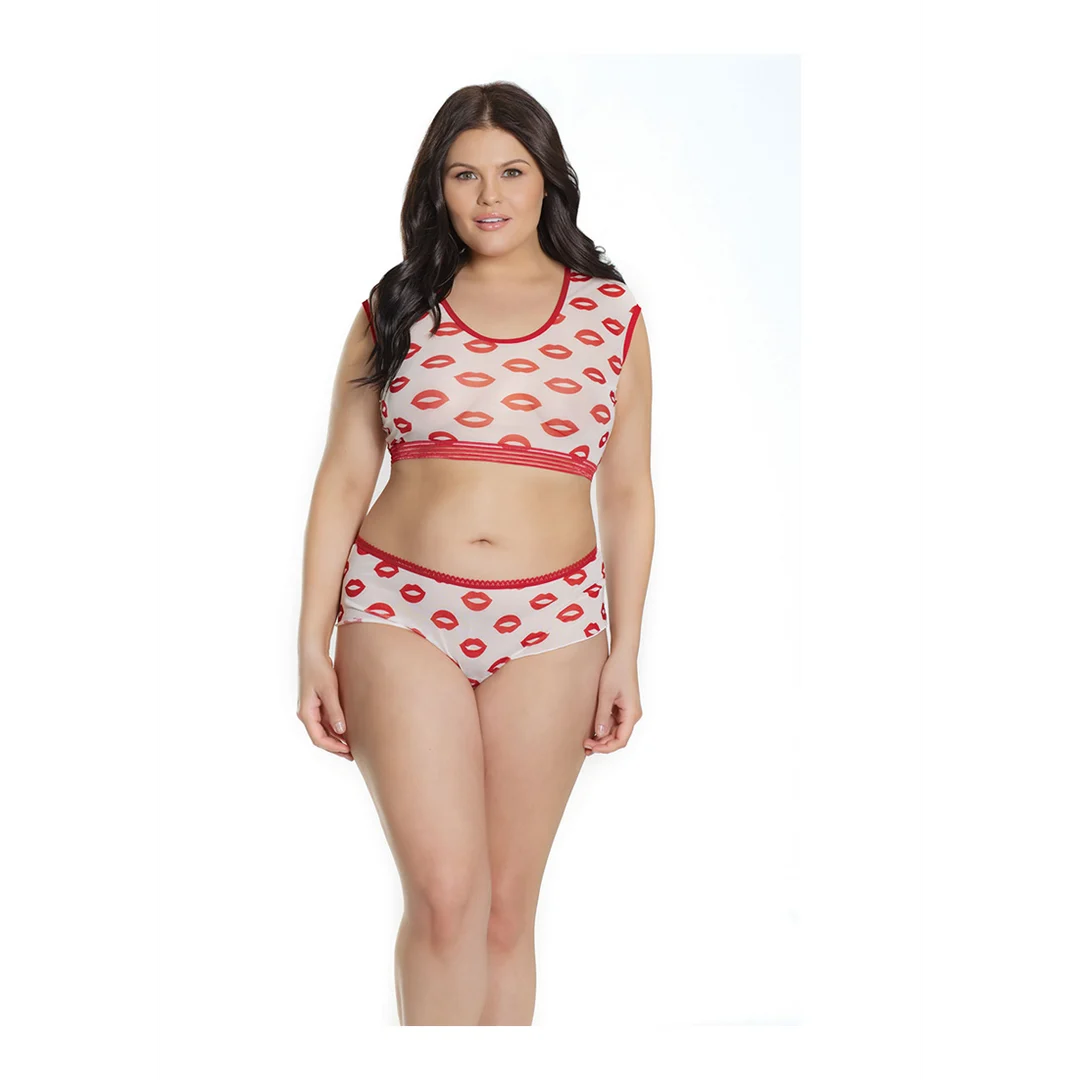 Top corto e shorts Coquette con stampa di labbra - immagine 3