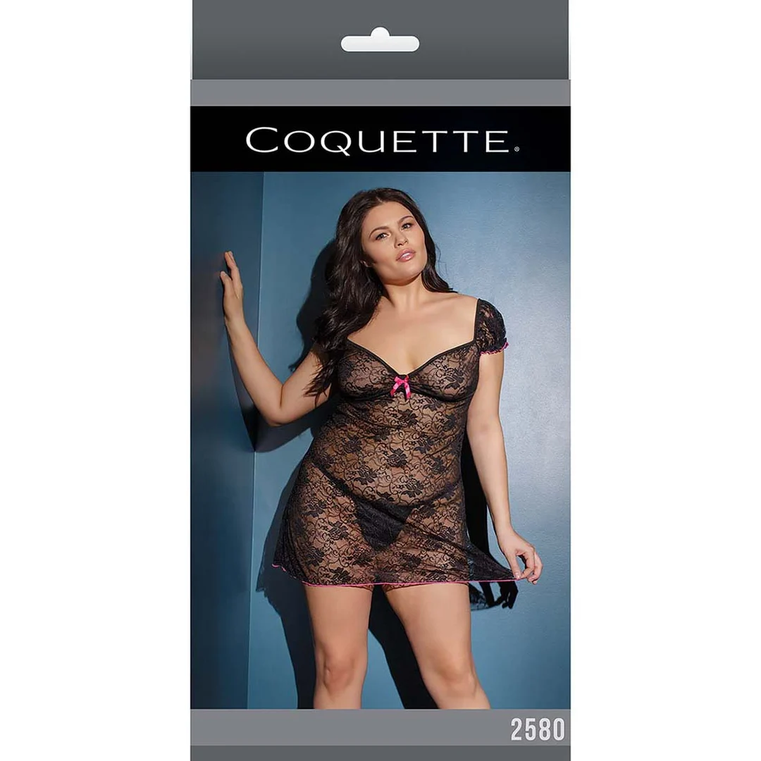 2580BL-PN-OSX-2 Babydoll in pizzo plus size con dettagli rosa e fiocco per look curvy – SexyPlus - immagine 1