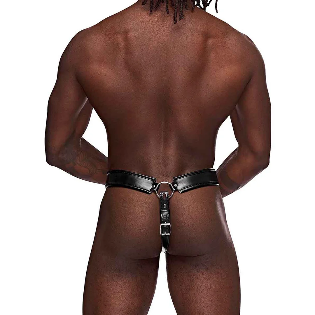 Perizoma da uomo con gabbia di castità e pouch in ecopelle per un look kinky – Male Power - immagine 1