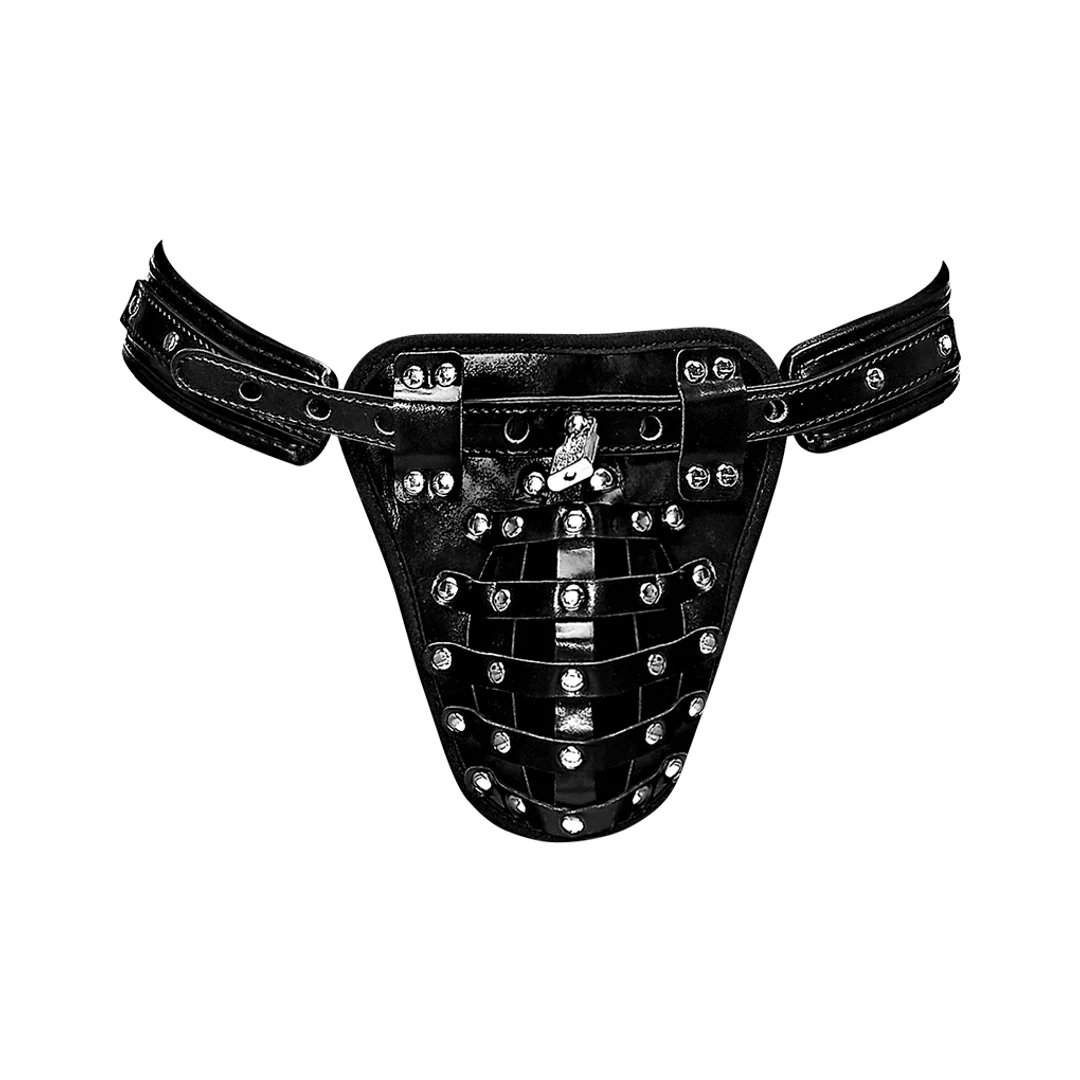 Perizoma da uomo con gabbia di castità e pouch in ecopelle per un look kinky – Male Power - immagine 2