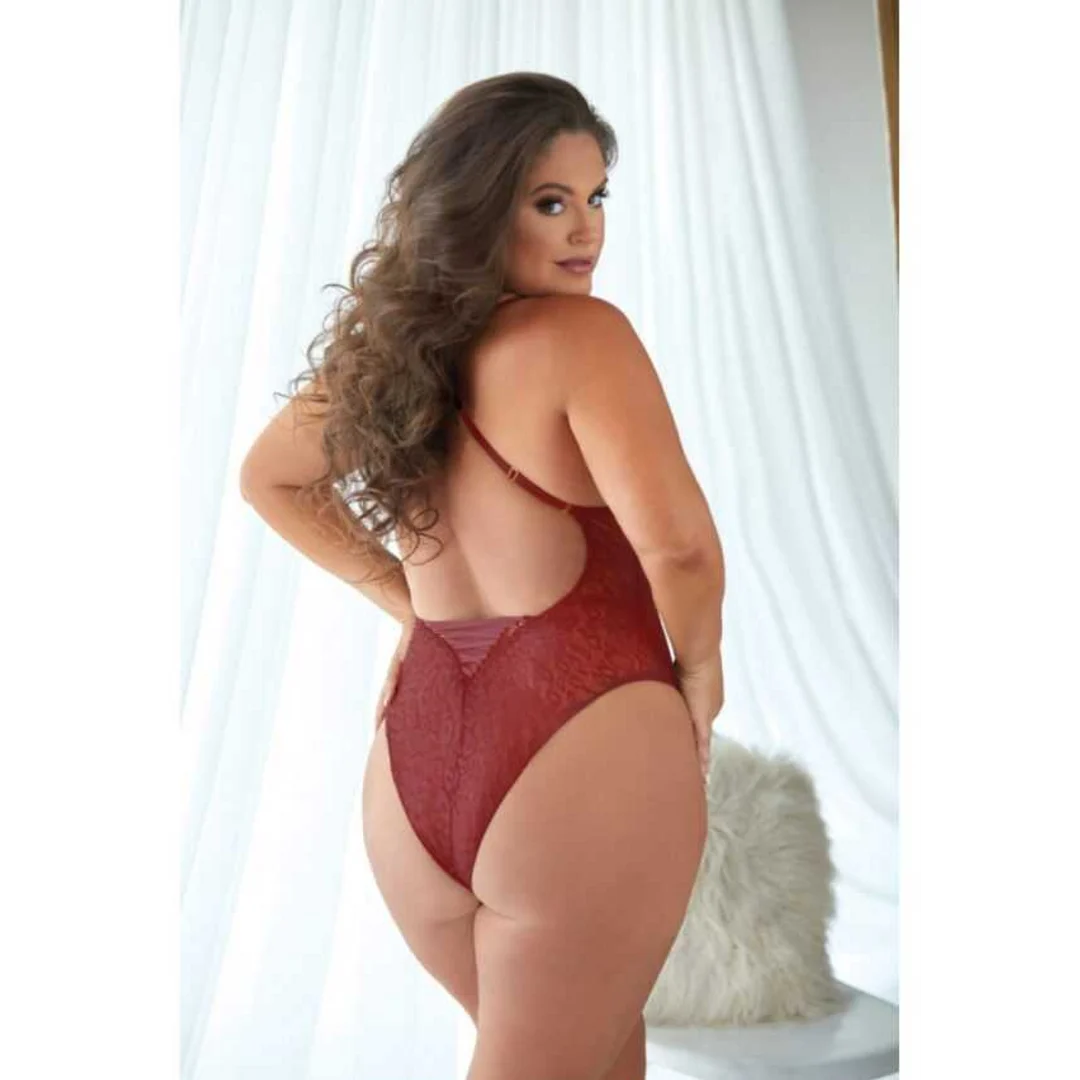 Body Allure in pizzo con stampa leopardata, color rubino - immagine 1