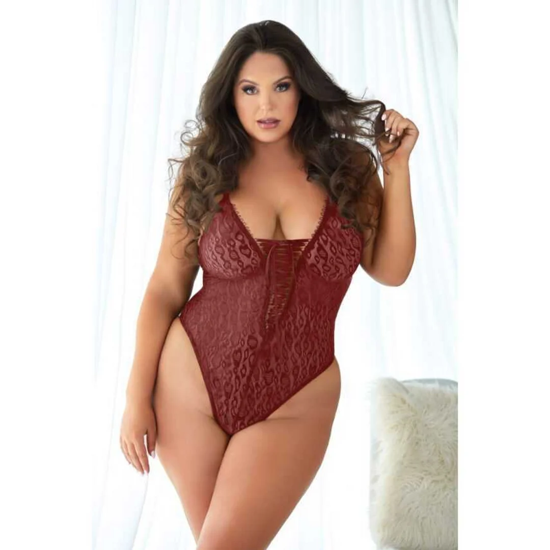 Body Allure in pizzo con stampa leopardata, color rubino - immagine 2