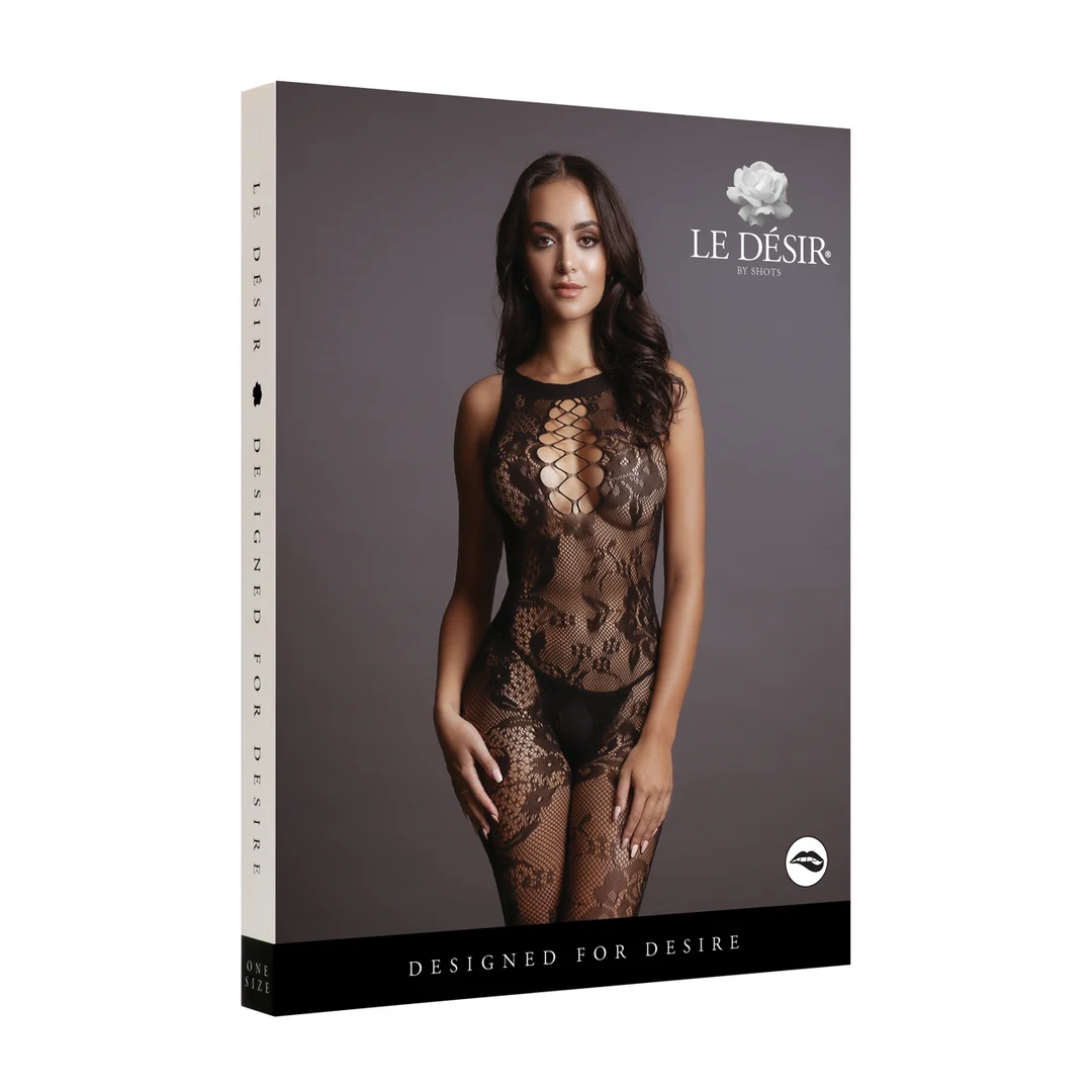Bodystocking curvy a rete con collo alto in pizzo e cavallo aperto, LIN - immagine 7