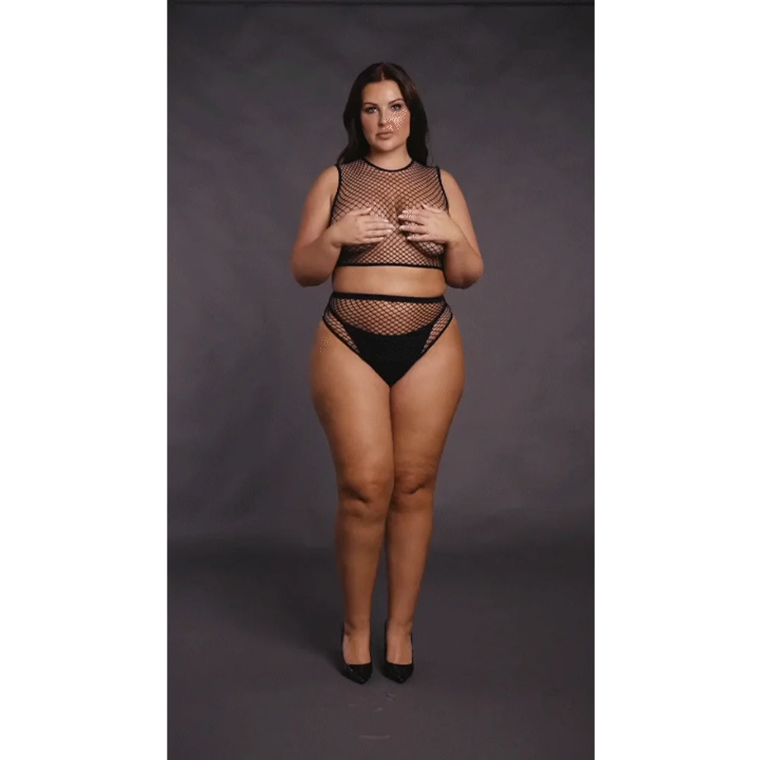 Set di lingerie sensuale con top corto a rete e cavallo aperto, per silhouette curvy – OSX - immagine 6