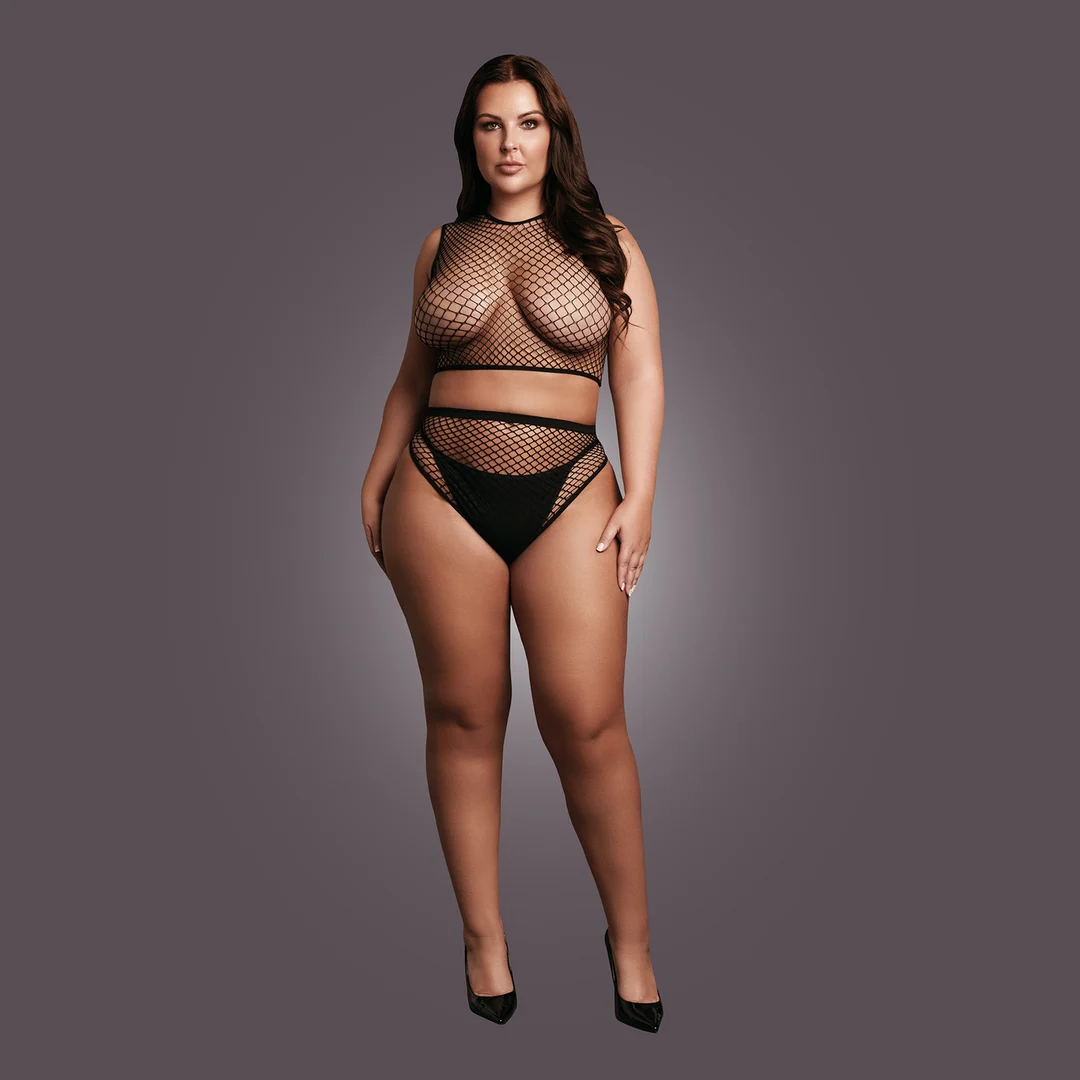 Set di lingerie sensuale con top corto a rete e cavallo aperto, per silhouette curvy – OSX - immagine 4