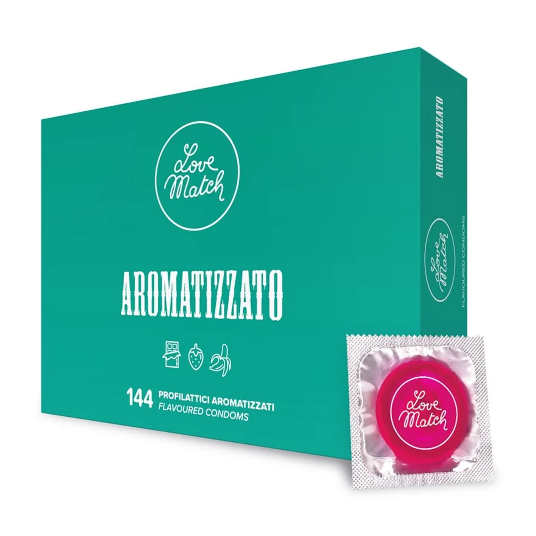 Preservativi aromatizzati al cioccolato, fragola e banana, 144 pezzi, Love Match - immagine 2