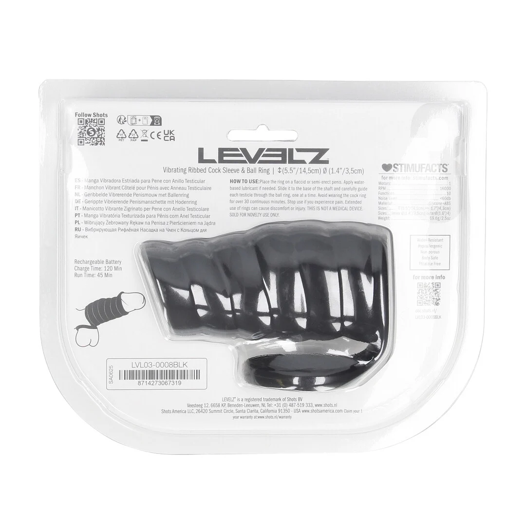 Levelz by Shots guaina vibrante a coste in silicone per pene con anello per testicoli, nera - immagine 2