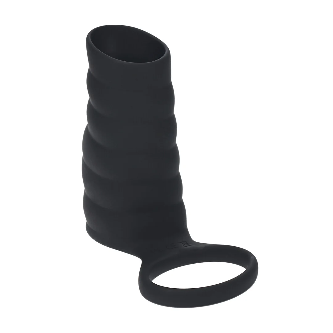 Levelz by Shots guaina vibrante a coste in silicone per pene con anello per testicoli, nera - immagine 3