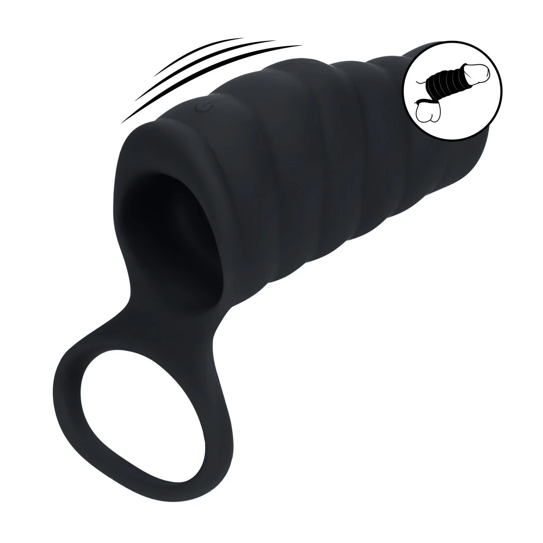 Levelz by Shots guaina vibrante a coste in silicone per pene con anello per testicoli, nera - immagine 6