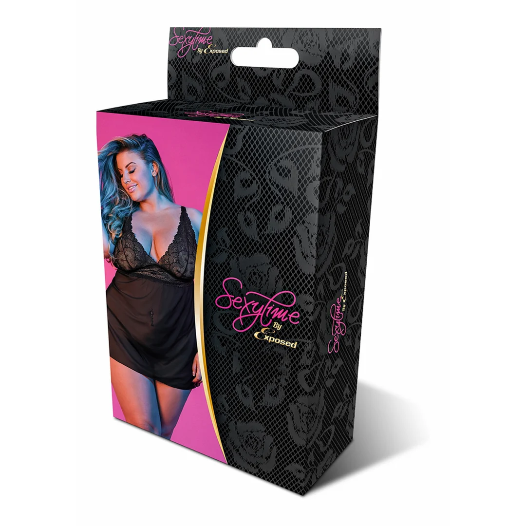 Babydoll nero con schiena scoperta e set con perizoma, taglia 2X - immagine 1