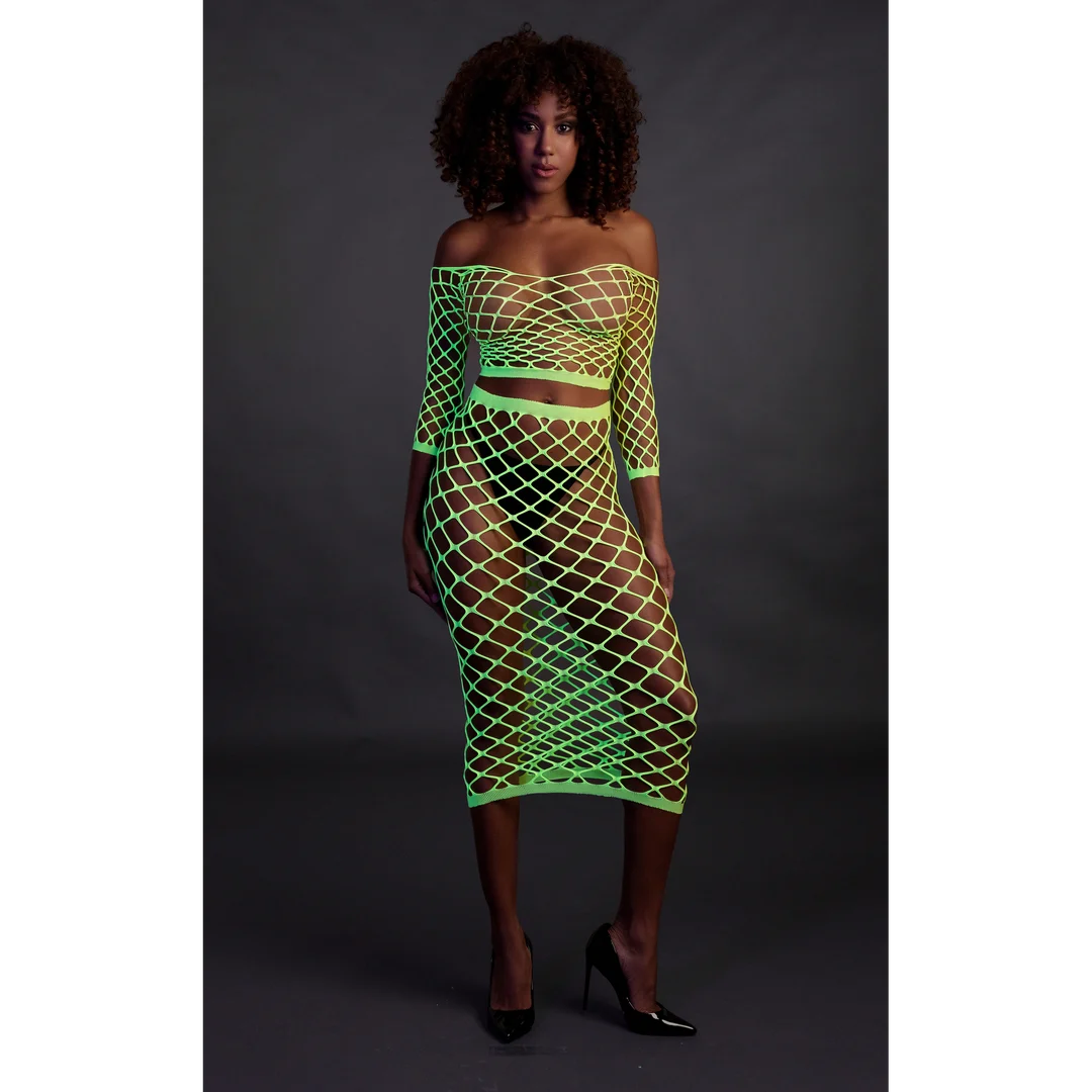 Crop top verde neon con gonna lunga - immagine 3