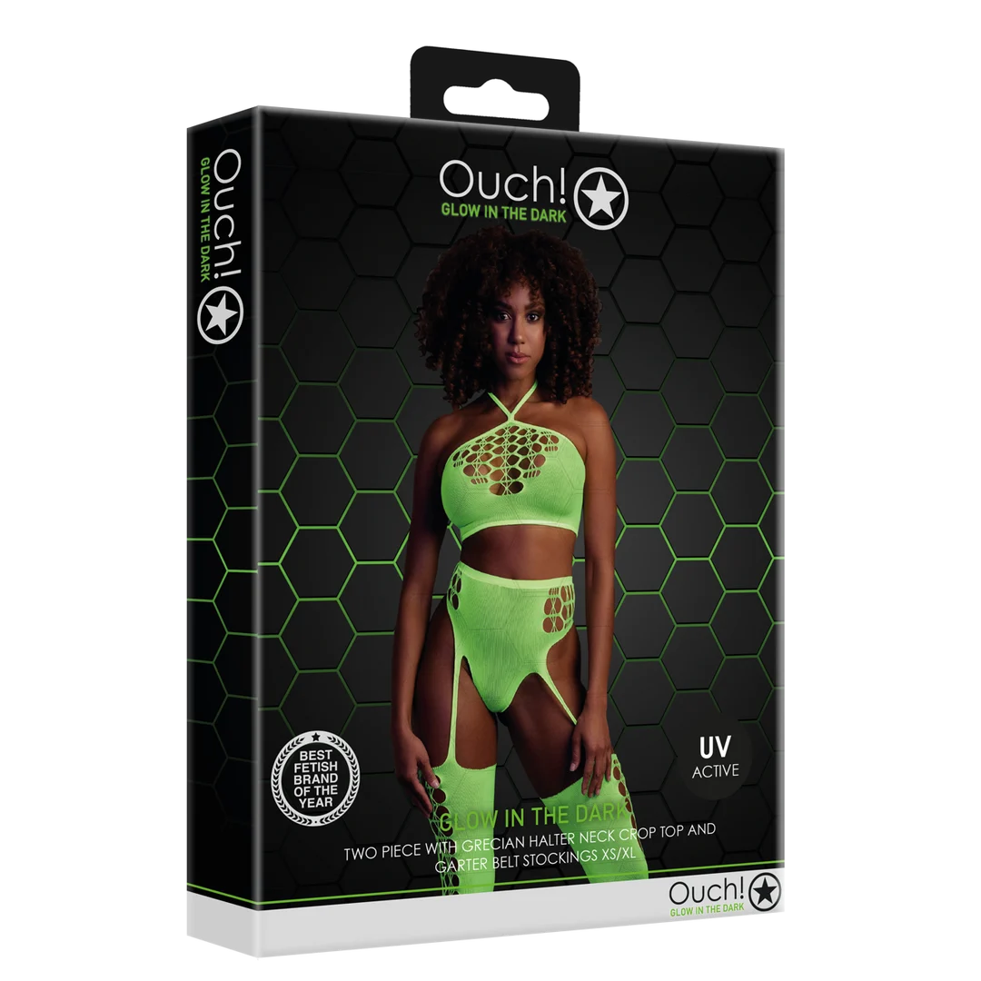 OU836GLOOS-2 Set verde neon con crop top e calze - immagine 1