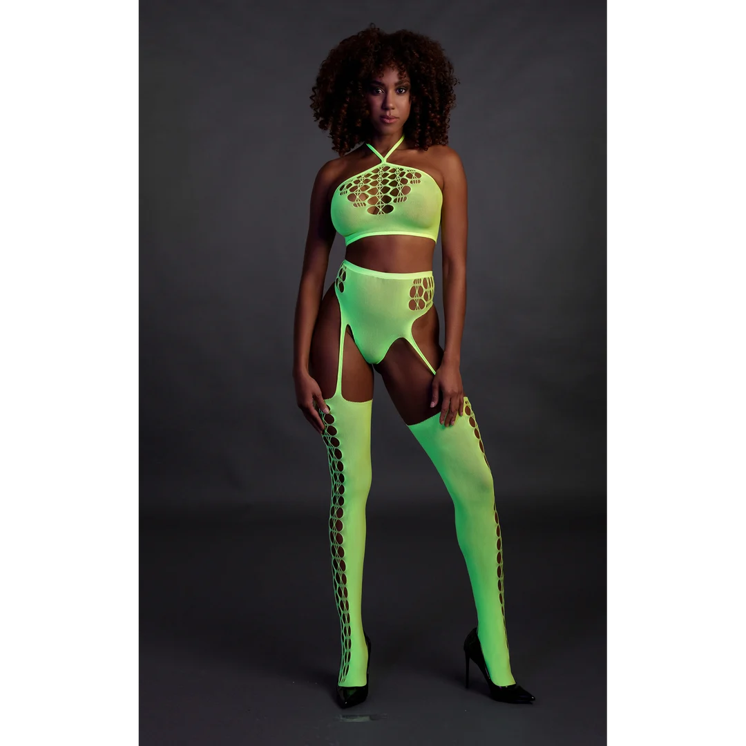 Set verde neon con crop top e calze - immagine 3