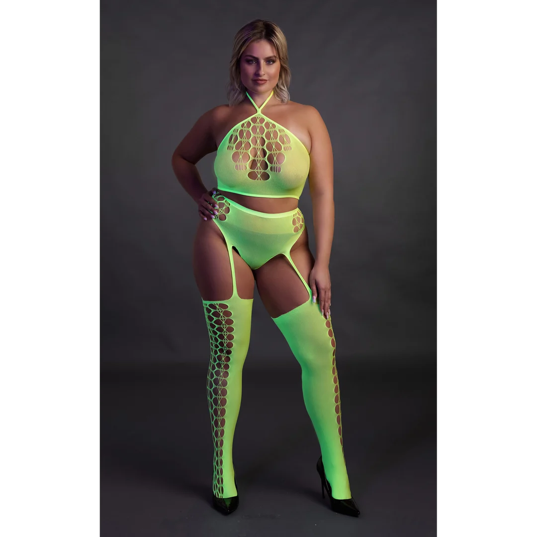 Set verde neon con crop top e calze - immagine 9