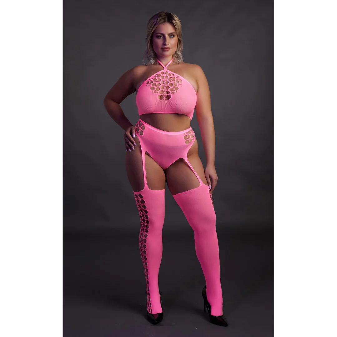 Set verde neon con crop top e calze - immagine 21
