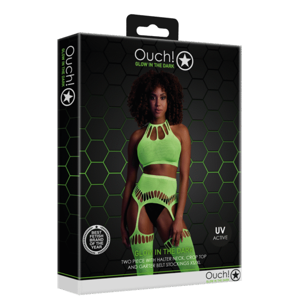 Set verde neon con crop top e calze