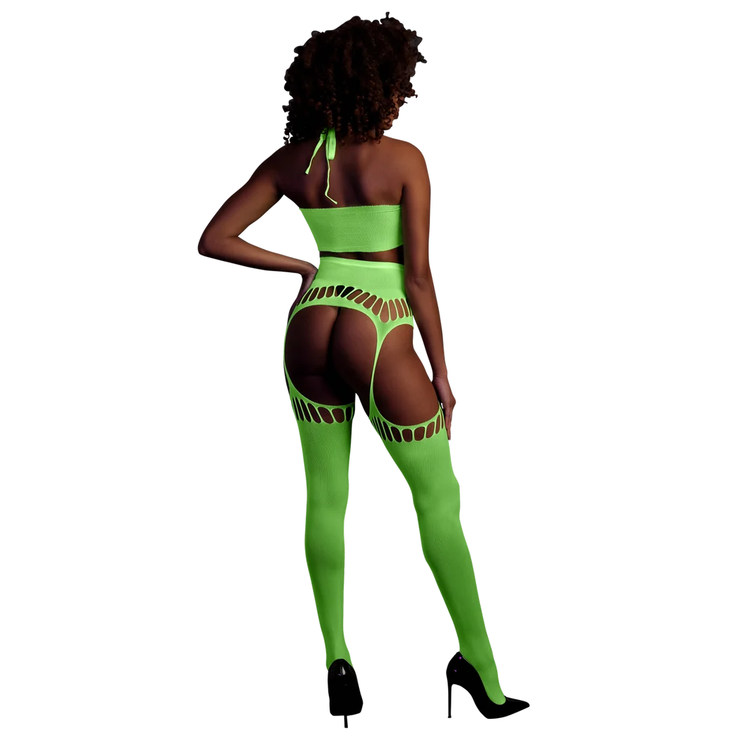 Set verde neon con crop top e calze - immagine 2
