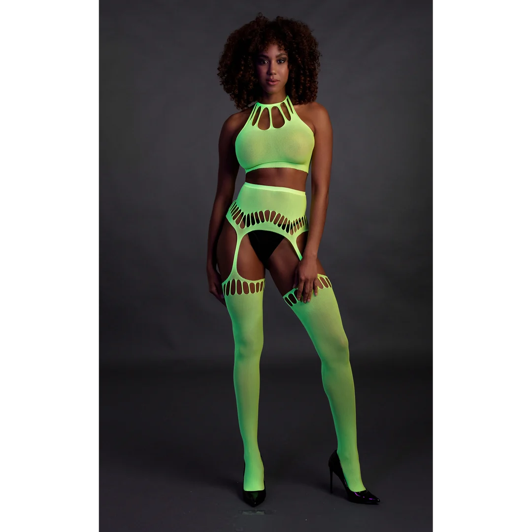 Set verde neon con crop top e calze - immagine 3