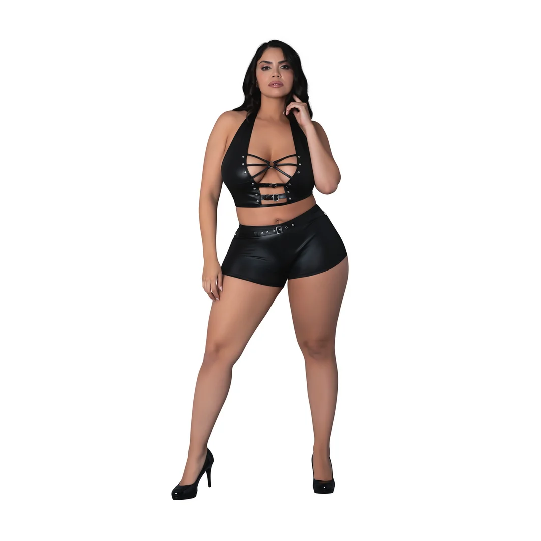 Top halter e shorts Thalia con anelli e borchie, 2X, neri - immagine 5